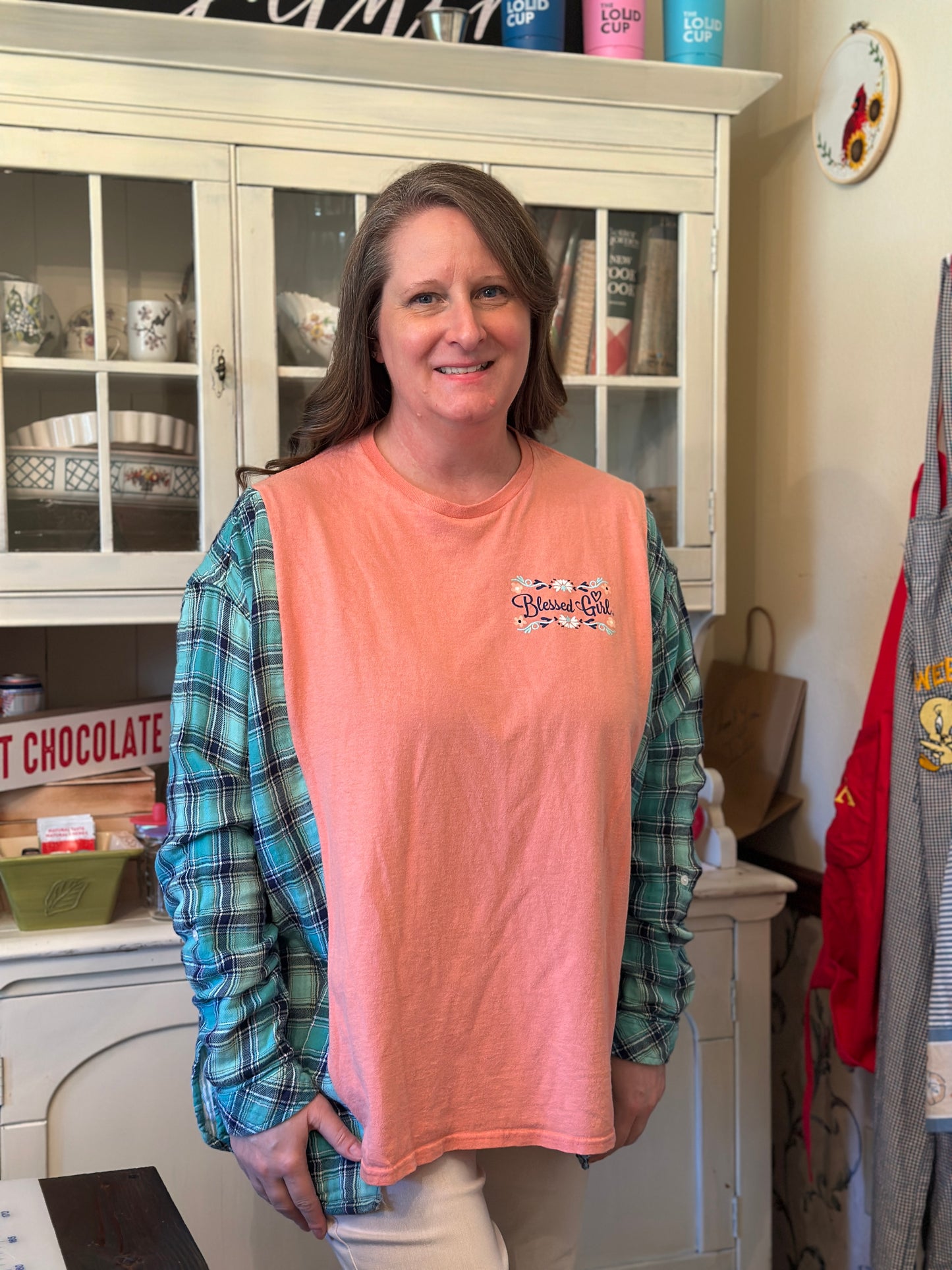 Upcycled Blessed Girl "She is Strong, She is Fearless, She is Enough" with Linen Shirt