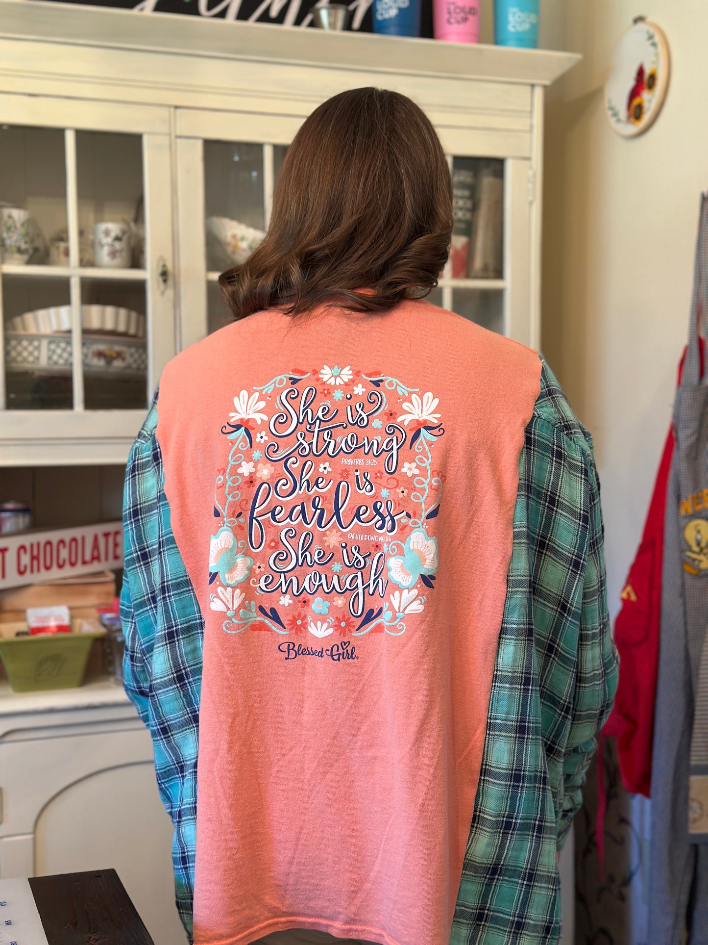 Upcycled Blessed Girl "She is Strong, She is Fearless, She is Enough" with Linen Shirt