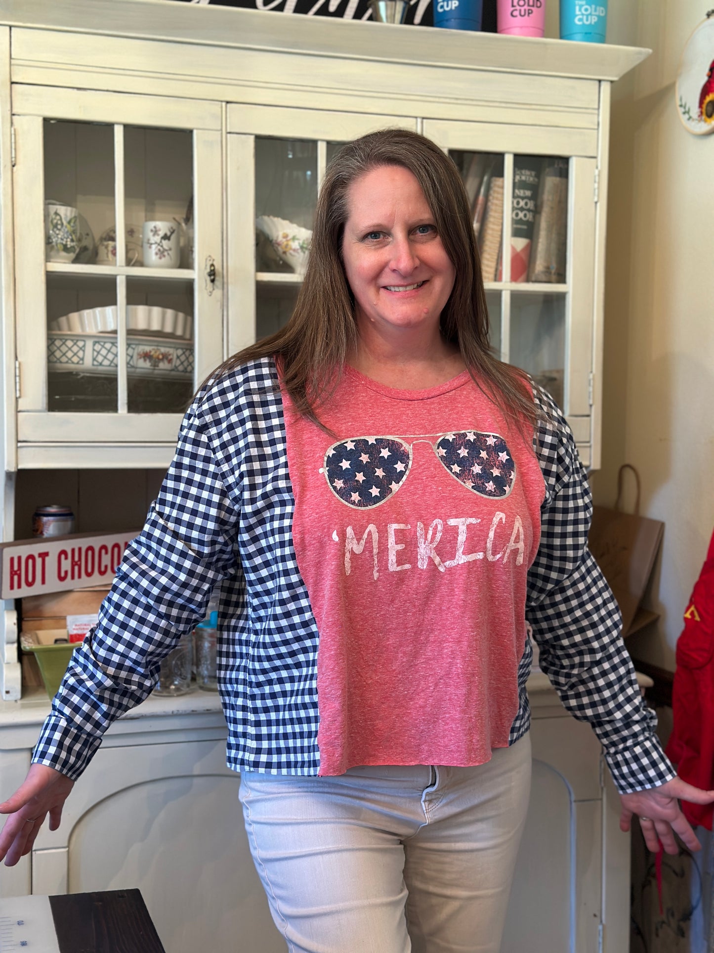 Upcycled "America" Star Sunglasses Tee with Mens Dress Shirt Sleeves L/XL