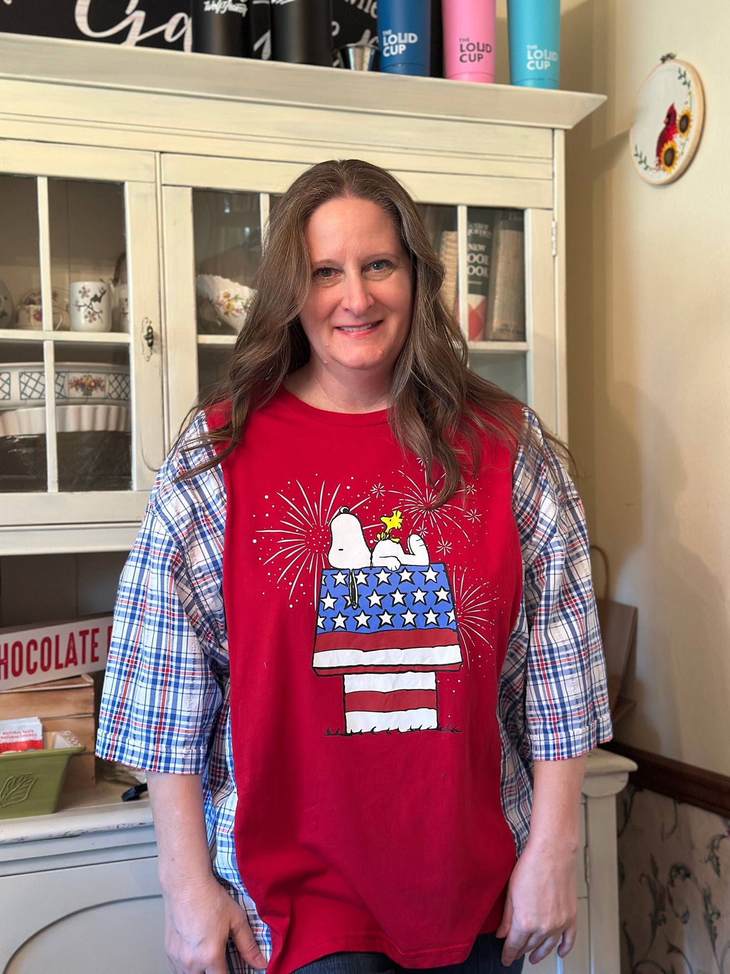 Upcycled Snoopy with Flag Dog House T-Shirt and Linen Shirt