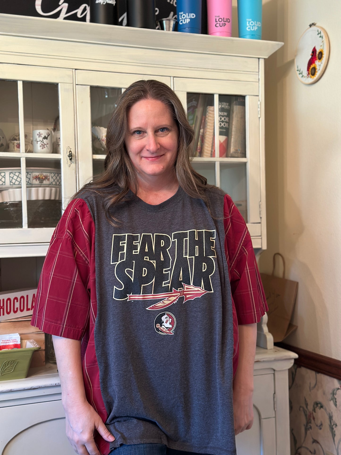 Upcycled FSU "Fear the Spear" T-Shirt and Linen Shirt