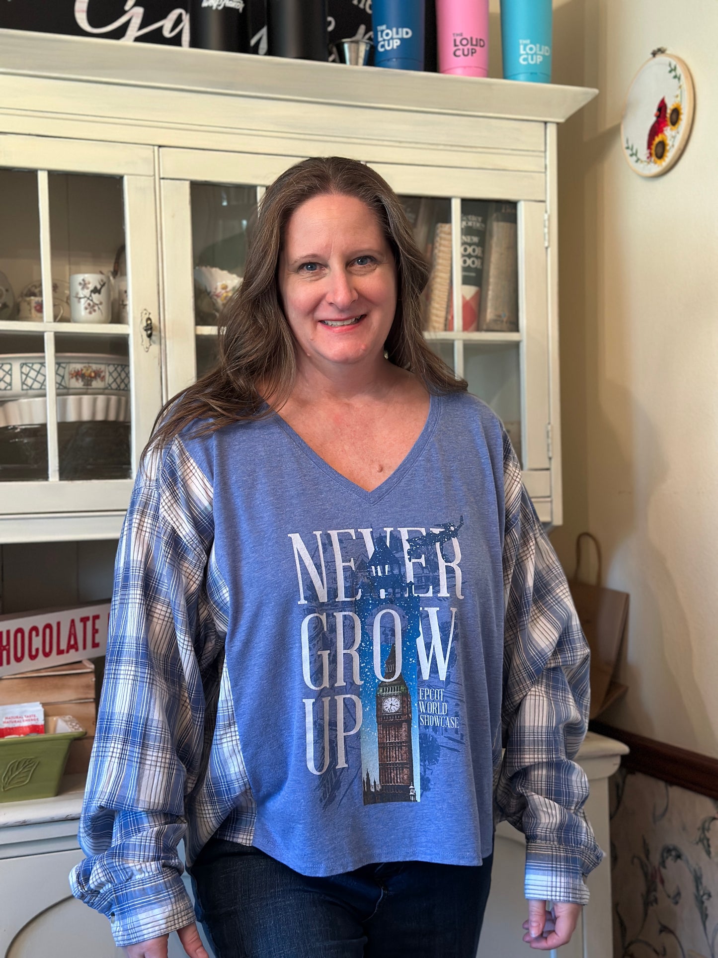 Upcycled Disney Peter Pan "Never Grow Up" T-Shirt with Lightweight Linen Sleeves