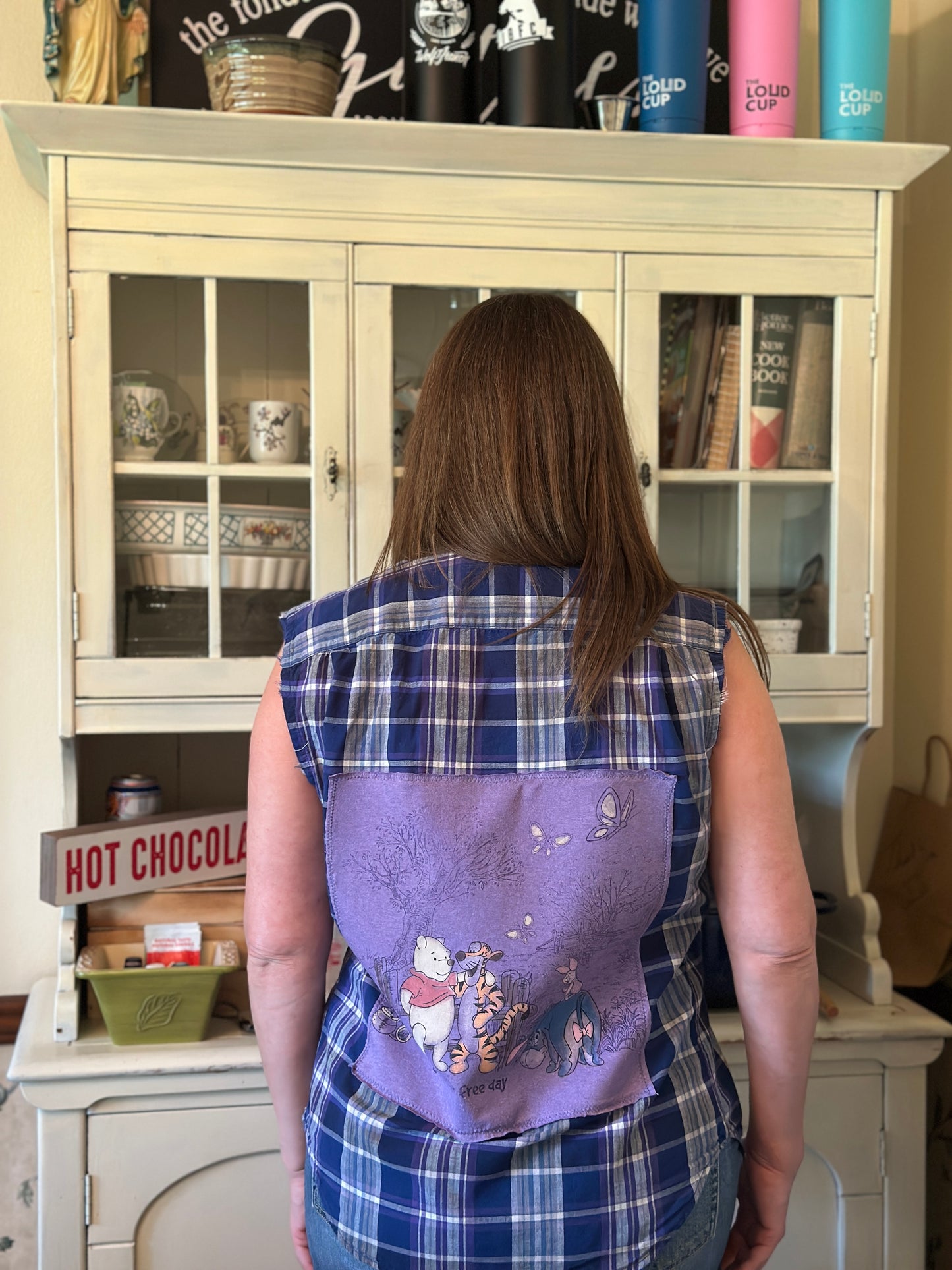 Upcycled Winnie the Pooh T-Shirt onto Linen Shirt