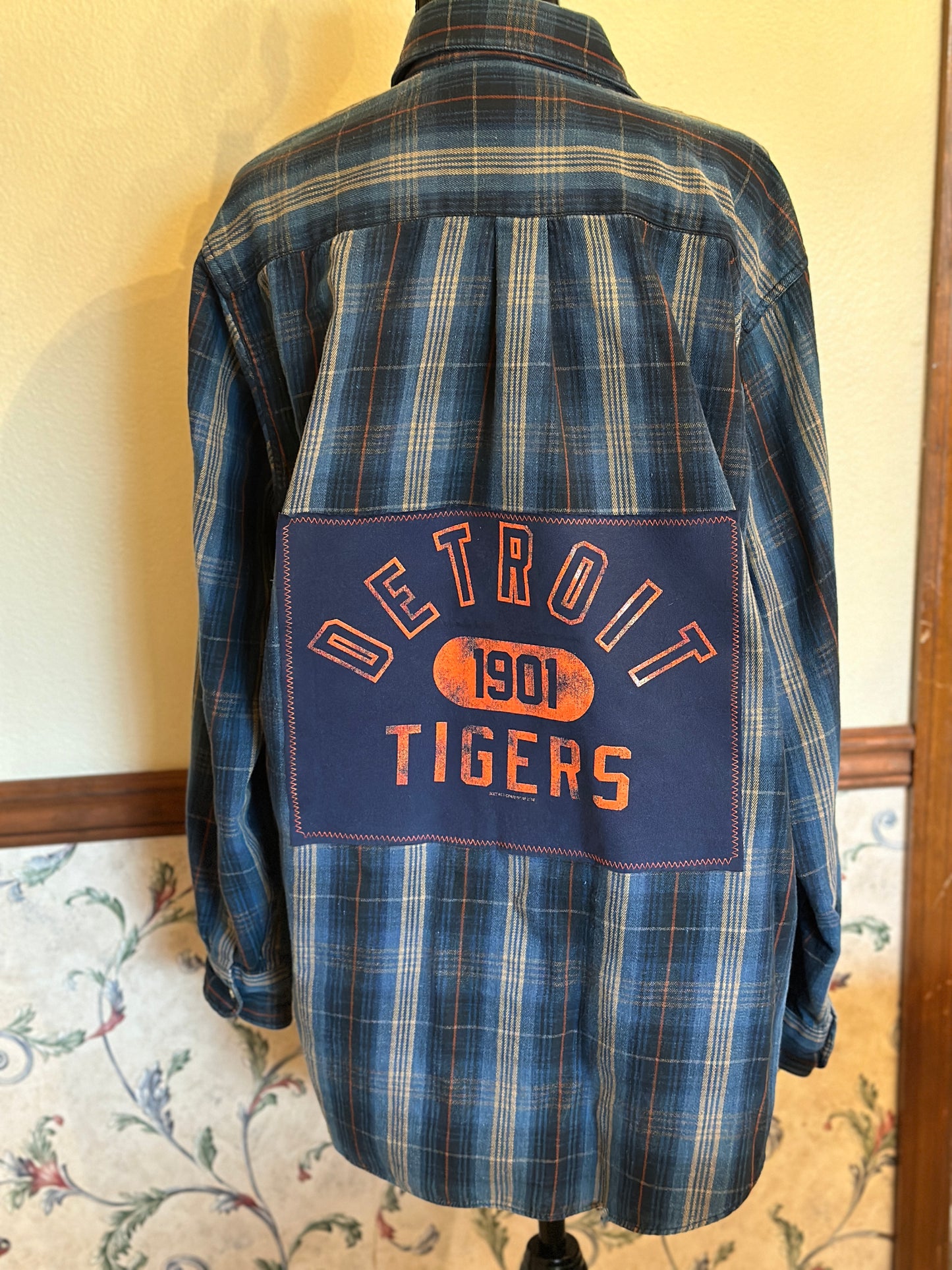 Upcycled Detroit Tigers T-shirt on a Hunt Club Denim Style Button Up Shirt