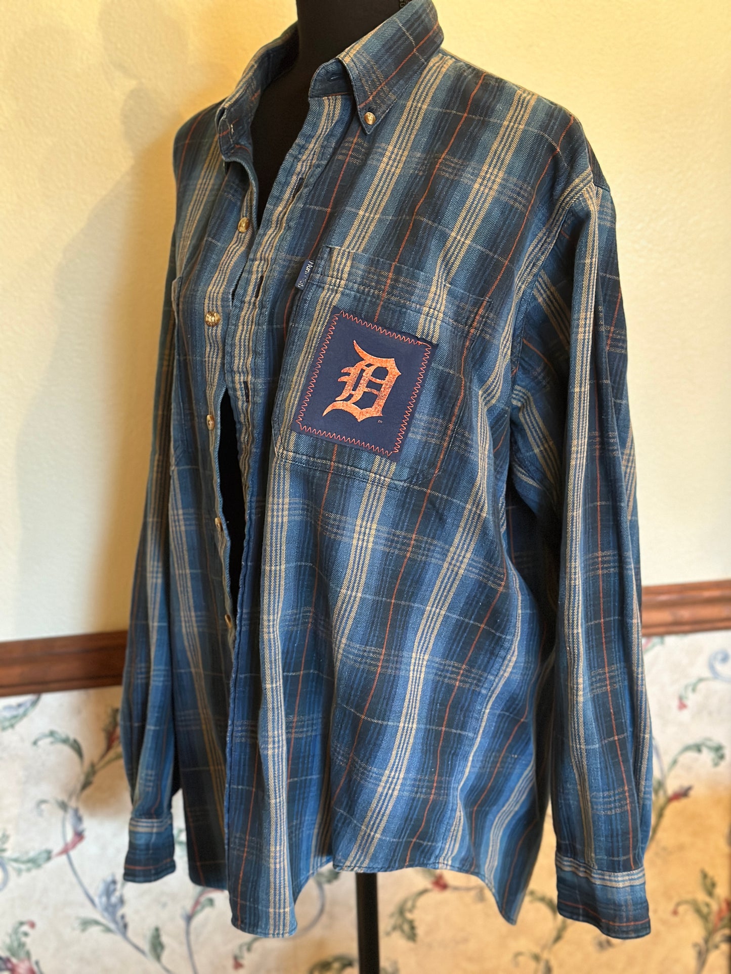 Upcycled Detroit Tigers T-shirt on a Hunt Club Denim Style Button Up Shirt