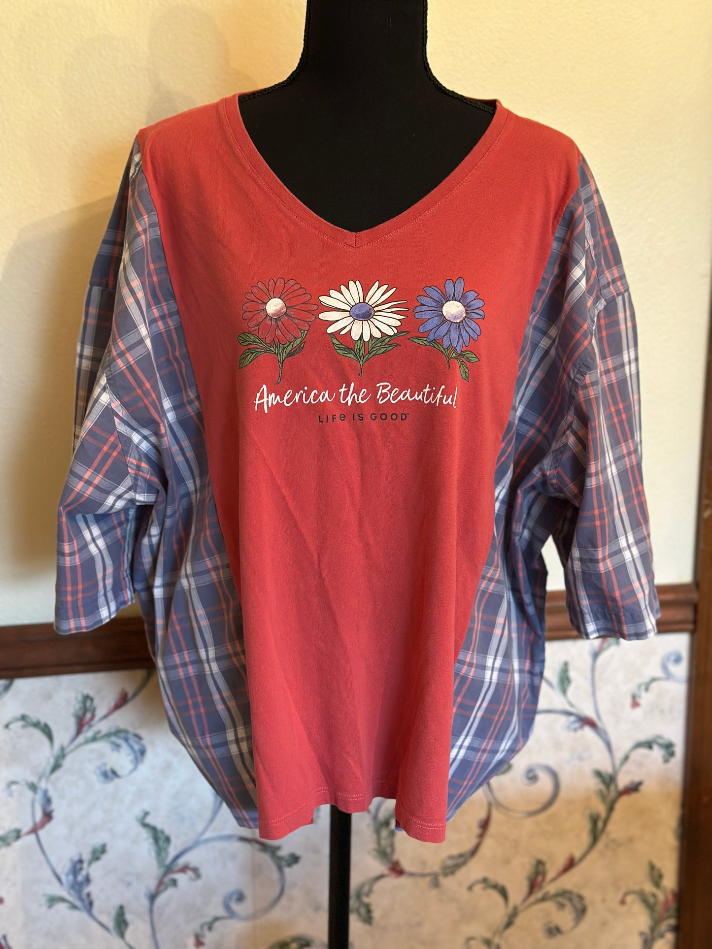 Upcycled "America the Beautiful" Life is Good Tee with Short Sleeve Mens Shirt