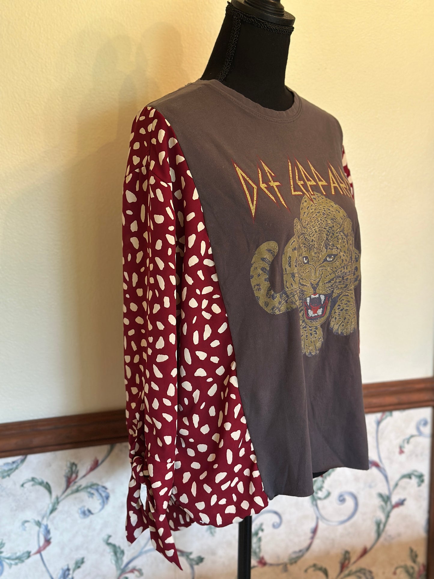 Upcycled Def Leppard T-Shirt with Maroon Tie Dressy Sleeves