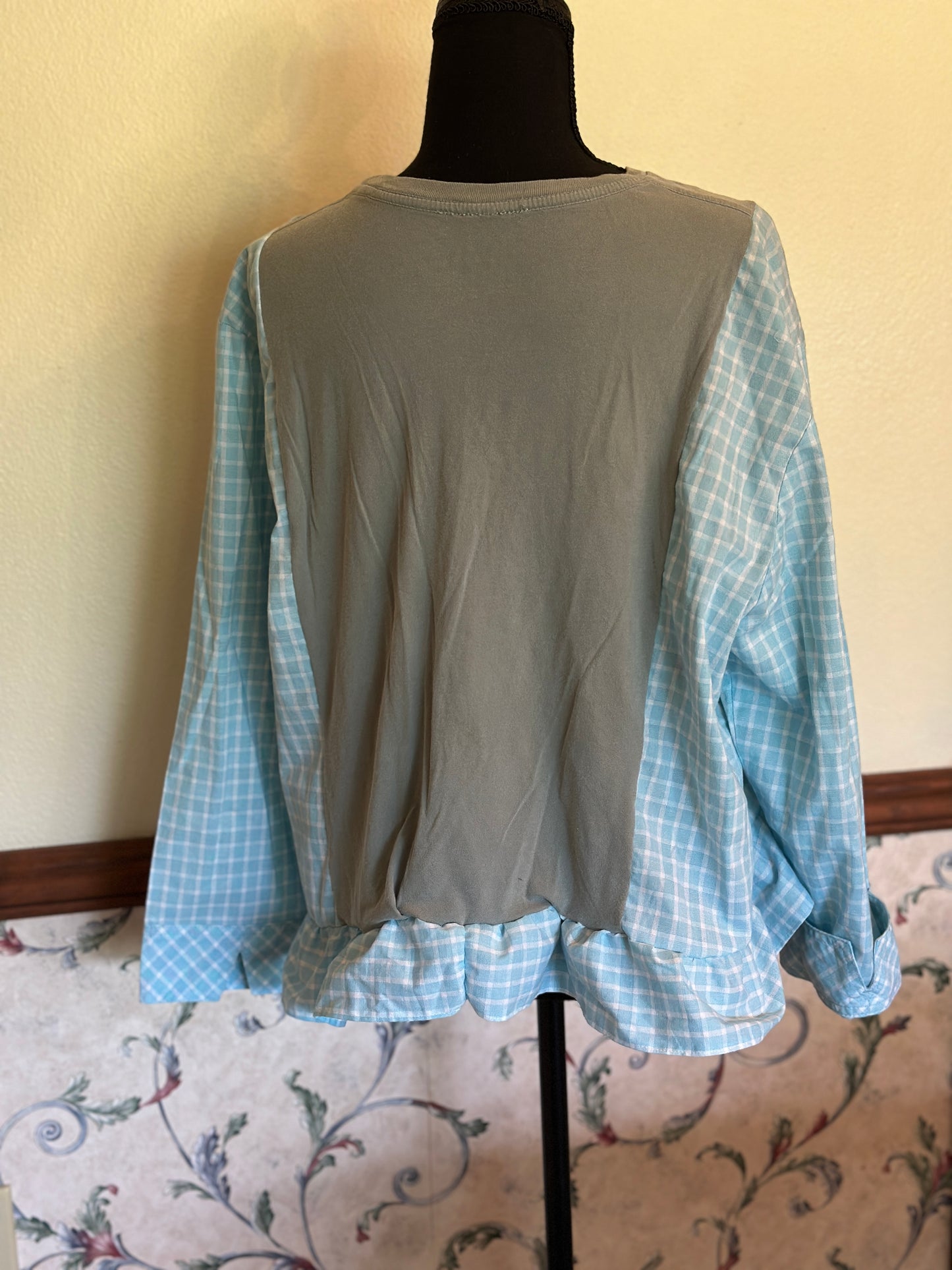 Upcycled AC/DC Graphic Tee with Blouse Sleeves and Ruffled Bottom