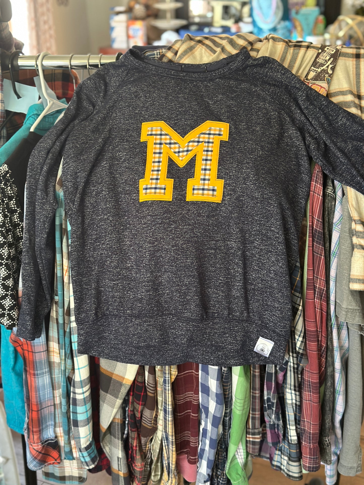 Upcycled Navy Blue Long Sleeve Pullover with Michigan M