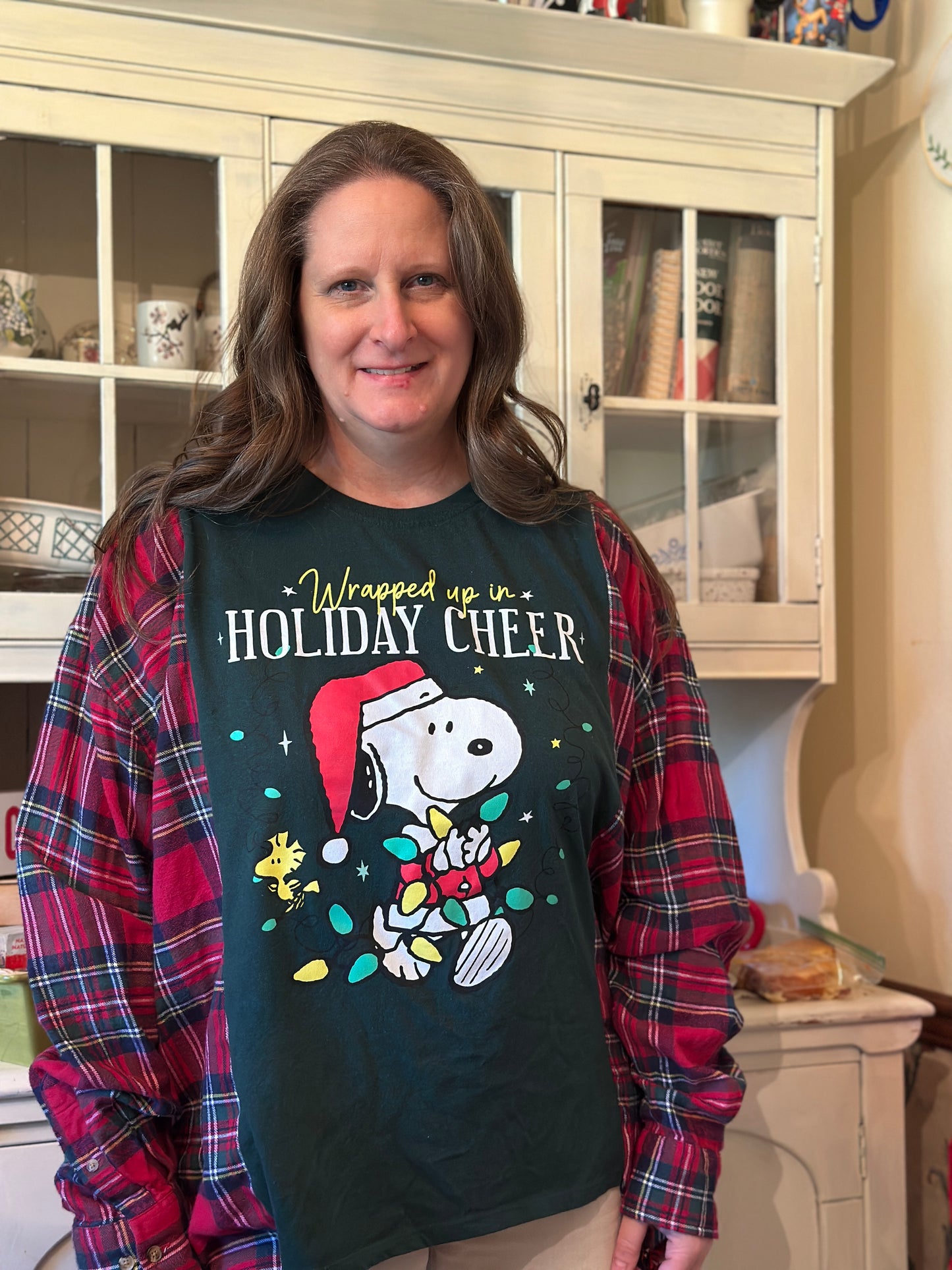 Upcycled Christmas Flannel with new Peanuts Holiday T-shirt