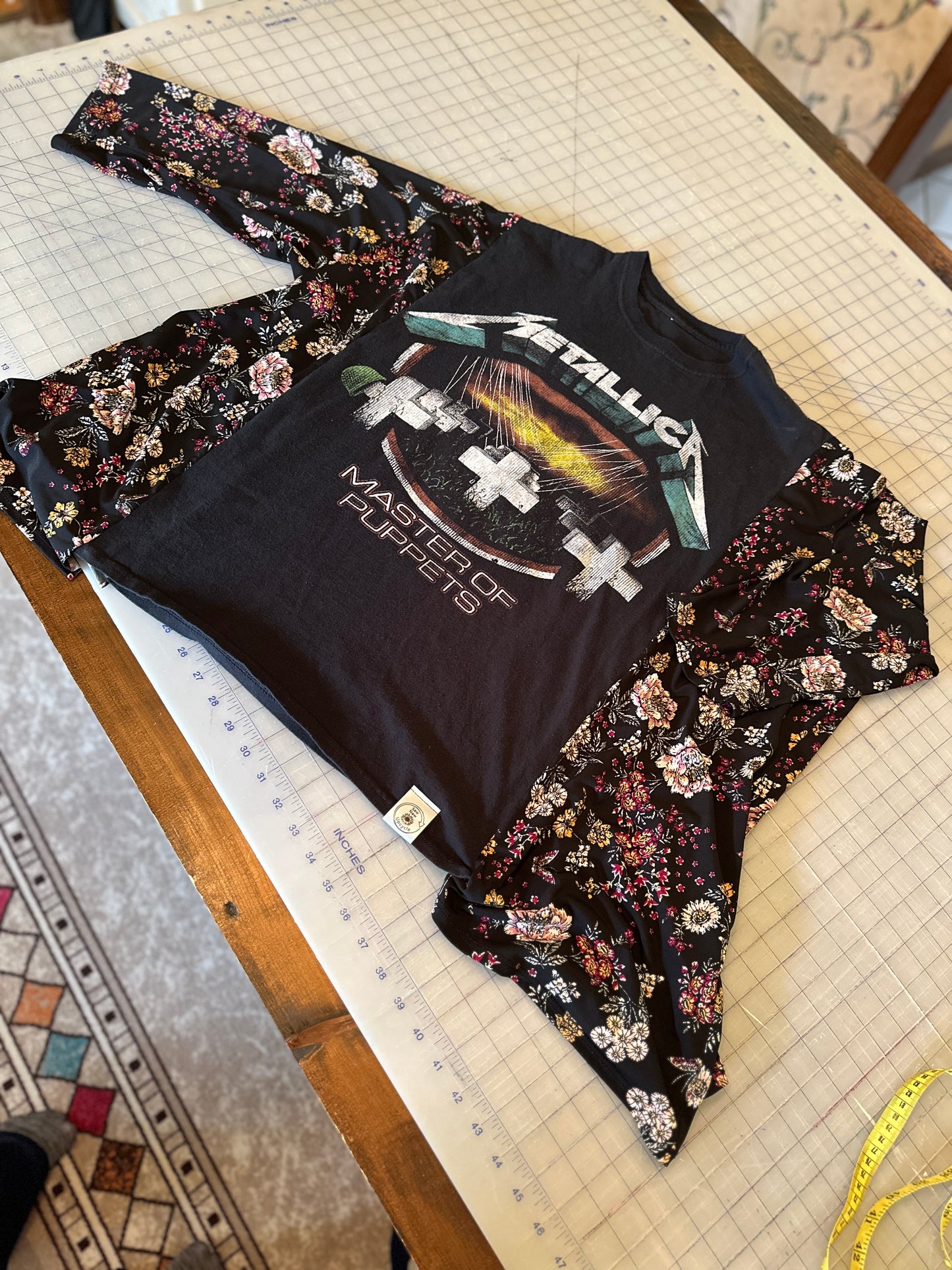 Upcycled Metallica Tee with Long Floral Drapey Sleeves