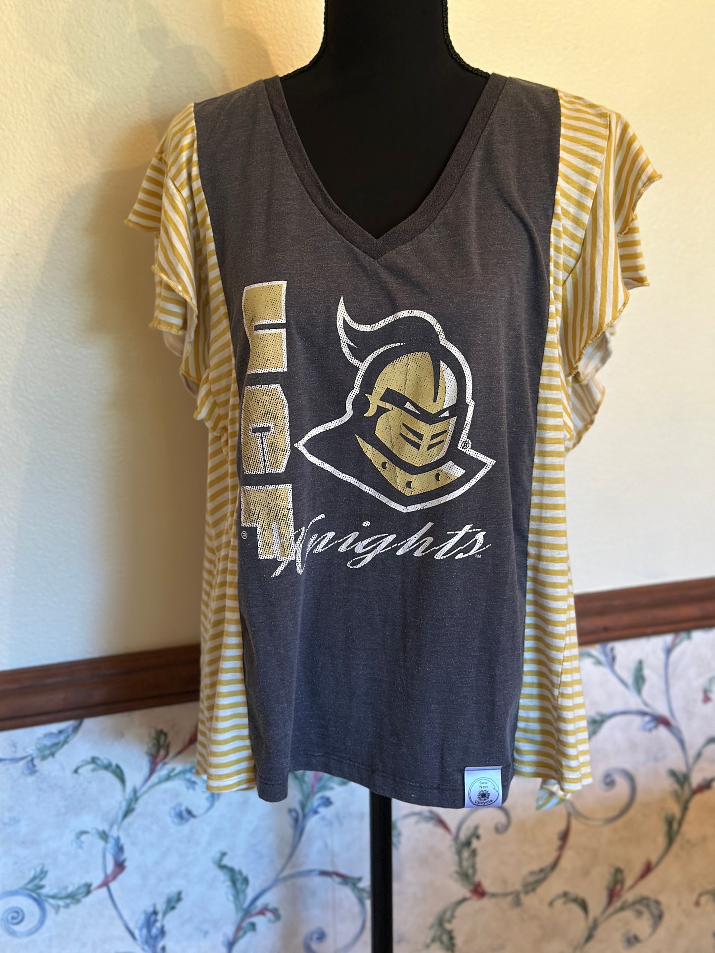 Upcycled UCF Knights V-Neck Tee with Short Striped Layered Sleeves