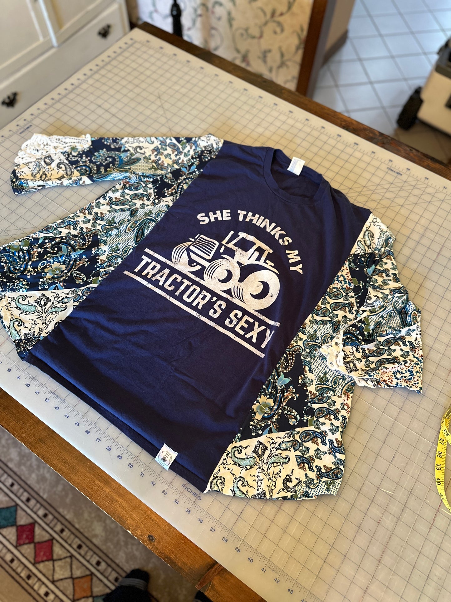 Upcycled "She Thinks my Tractor's Sexy" Shirt with Paisley Drapey Sleeves