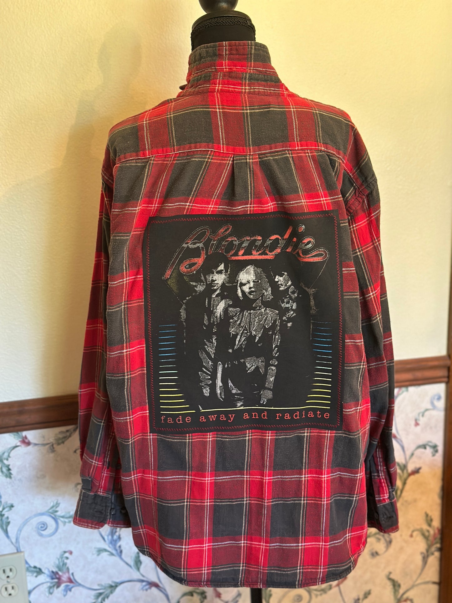Upcycled Vintage "Blondie" Tee Graphic on back of Red/Gray Flannel