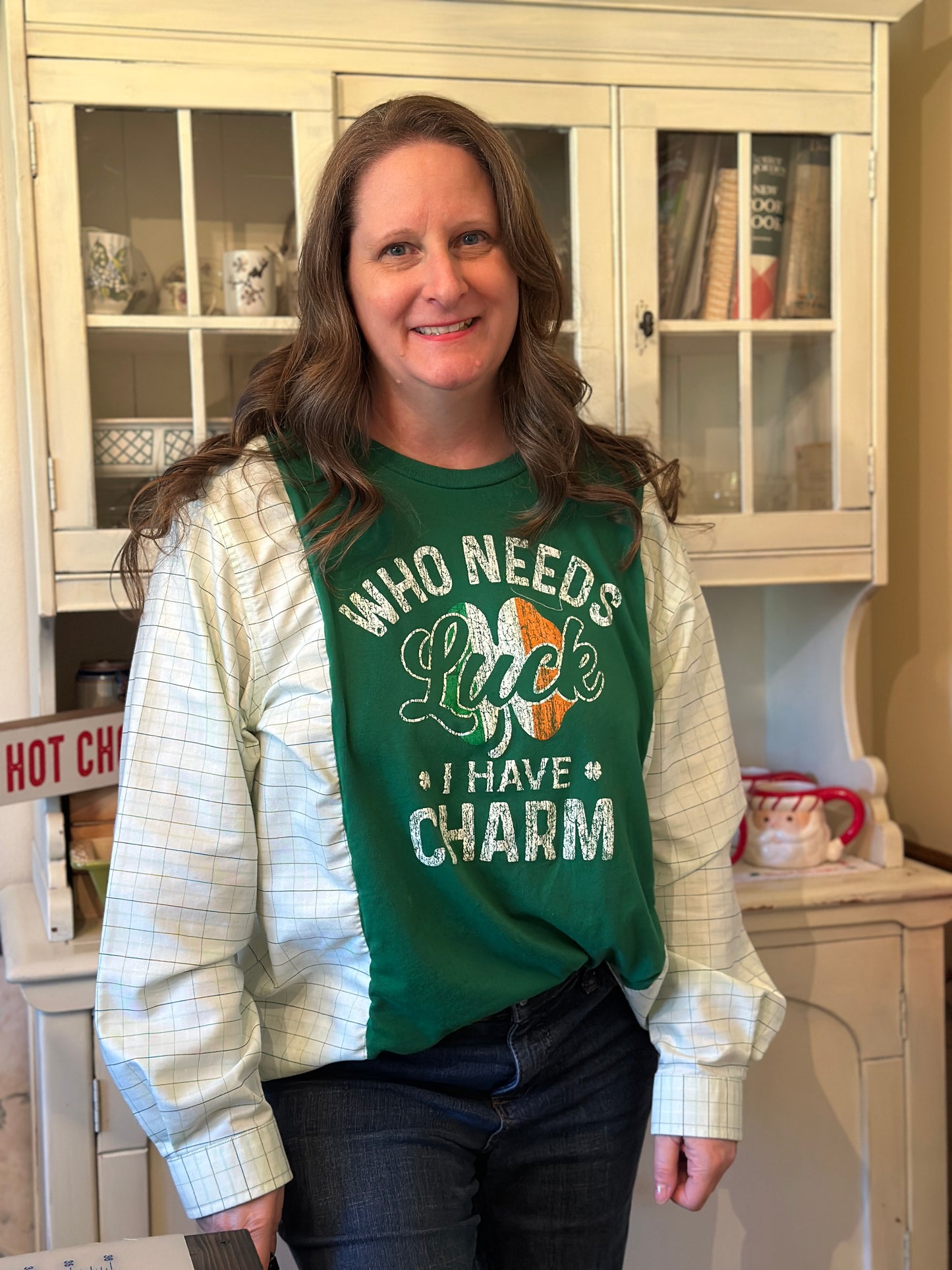 Upcycled "Who Needs Luck" T-Shirt and Men's Dress Shirt