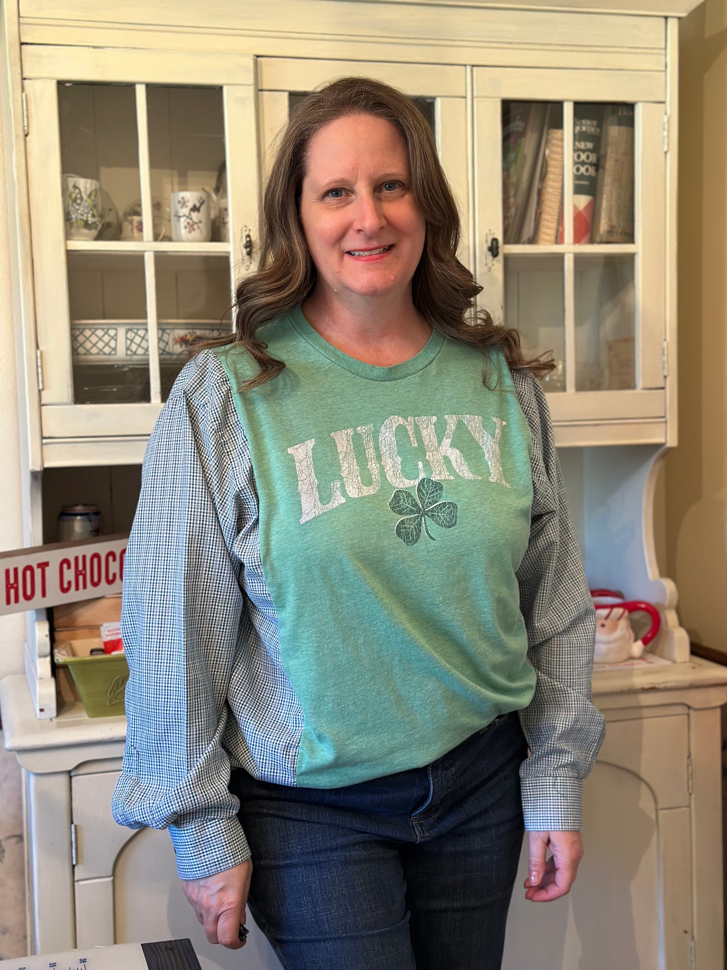 Upcycled "Lucky" T-Shirt with Shamrock and Dress Shirt
