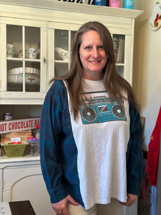 Upcycled Boom Box Retro T-Shirt and Flannel