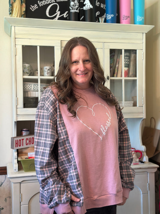 Upcycled "Blessed" in Heart Sweatshirt and Linen Shirt