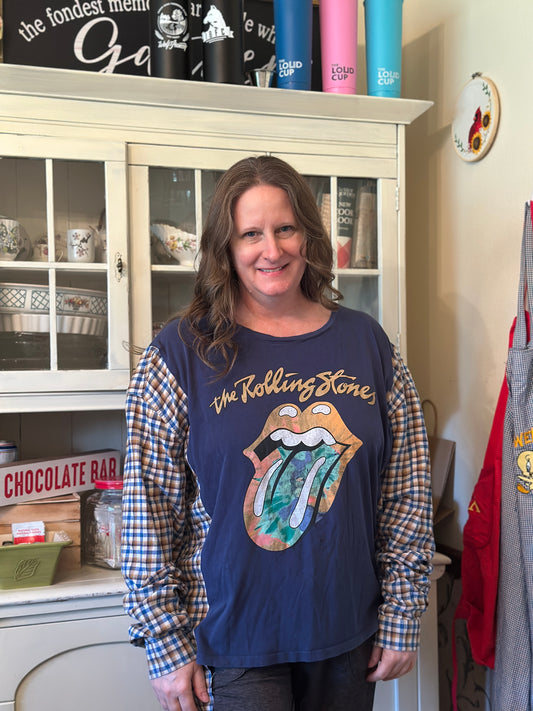 Upcycled Rolling Stones T-Shirt and Linen Shirt