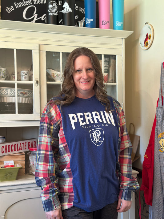 Upcycled Perrin Brewing T-Shirt and Linen Shirt