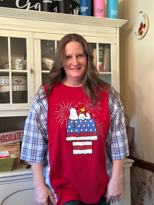 Upcycled Snoopy with Flag Dog House T-Shirt and Linen Shirt