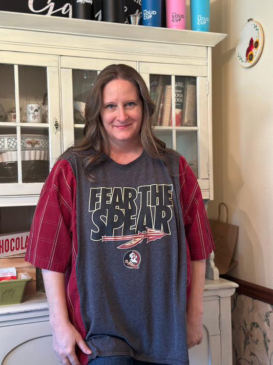 Upcycled FSU "Fear the Spear" T-Shirt and Linen Shirt