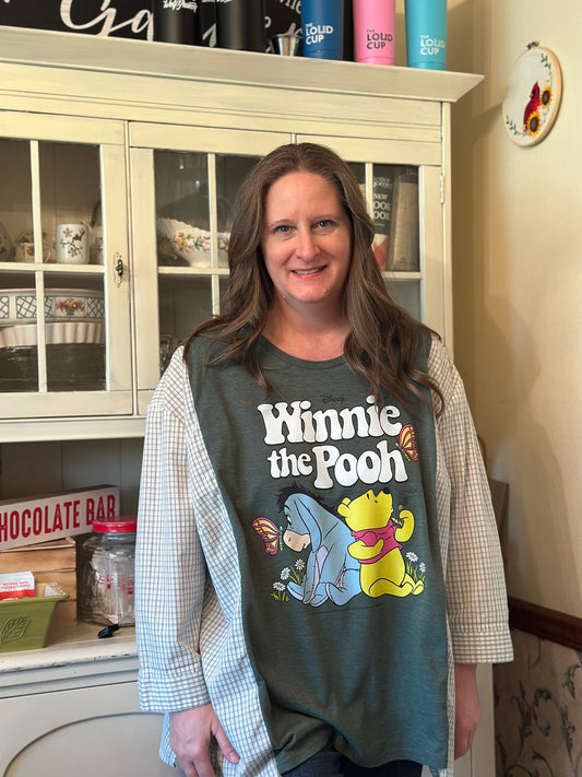 Upcycled Winnie the Pooh T-Shirt with Linen Shirt