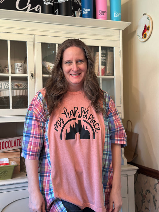 Upcycled Disney "My Happy Place" T-Shirt and Linen Plaid Shirt