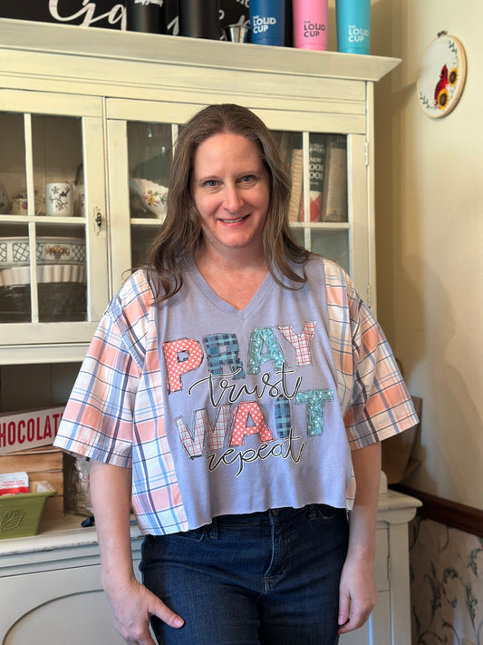 Pray Trust Wait Repeat Upcycled Crop V-Neck Tee
