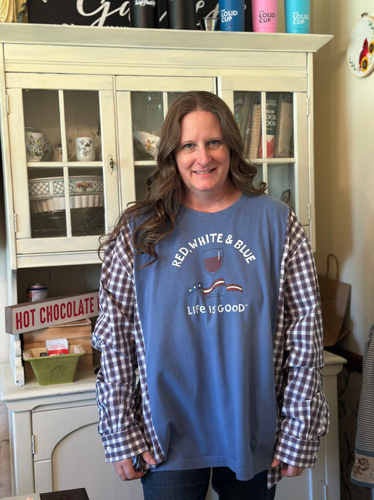 Upcycled Life is Good "Red, White, & Blue" T-Shirt with Wine Glass and Linen Shirt