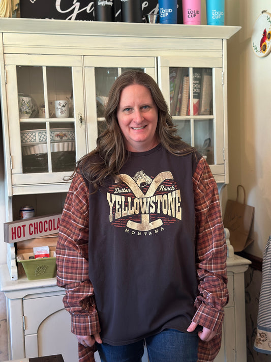 Upcycled Yellowstone "Dutton Ranch" TV Show T-Shirt and Linen Shirt