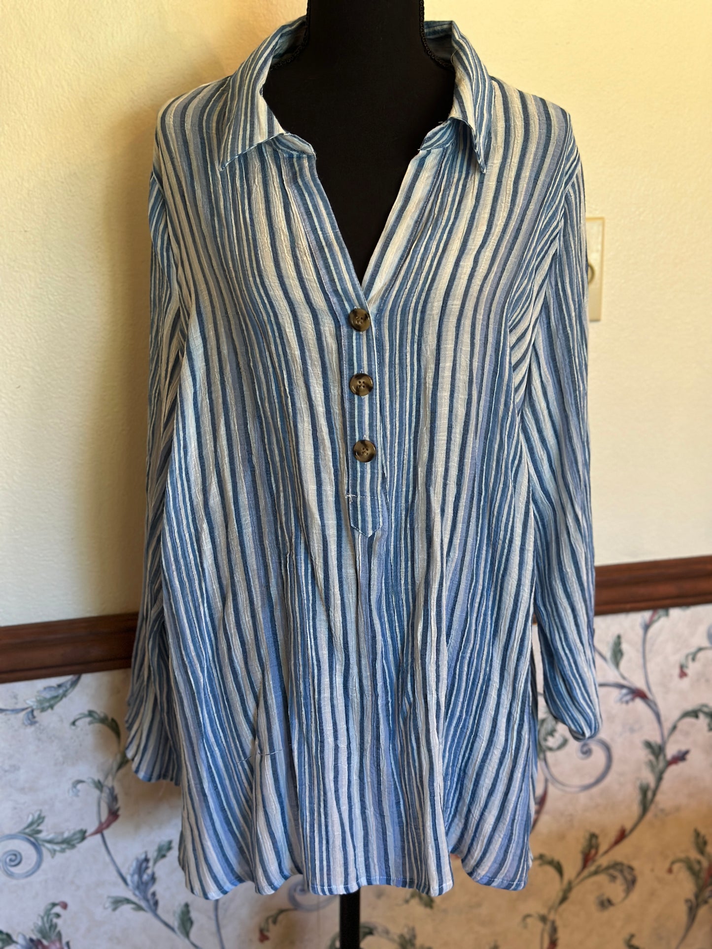 Upcycled Blue & White Linen Pullover Blouse with Heart of Butterflies Graphic