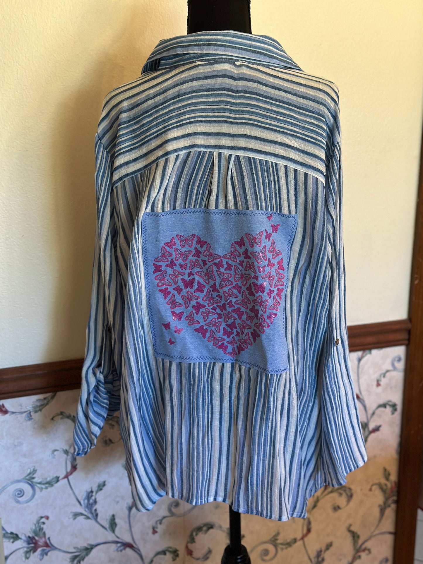 Upcycled Blue & White Linen Pullover Blouse with Heart of Butterflies Graphic