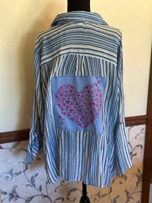Upcycled Blue & White Linen Pullover Blouse with Heart of Butterflies Graphic