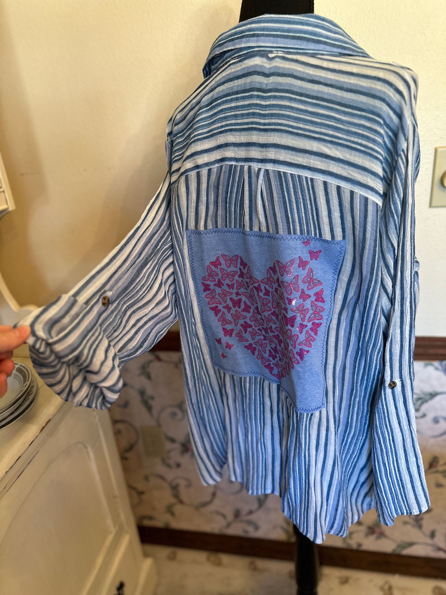 Upcycled Blue & White Linen Pullover Blouse with Heart of Butterflies Graphic