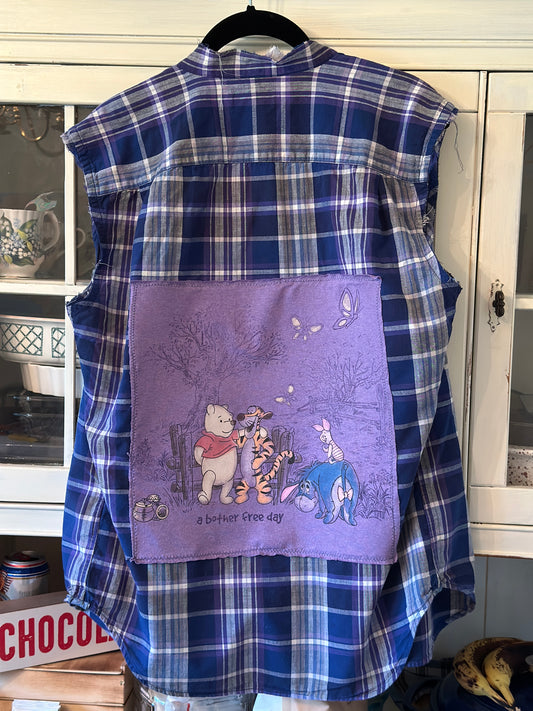 Upcycled Winnie the Pooh T-Shirt onto Linen Shirt