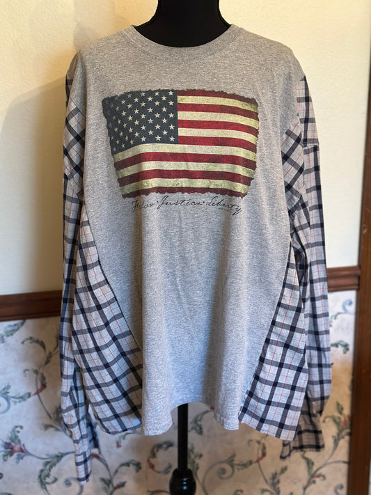 Upcycled "Freedom Justice Liberty" Flag Tee with Men's Dress Shirt Sleeves XXL