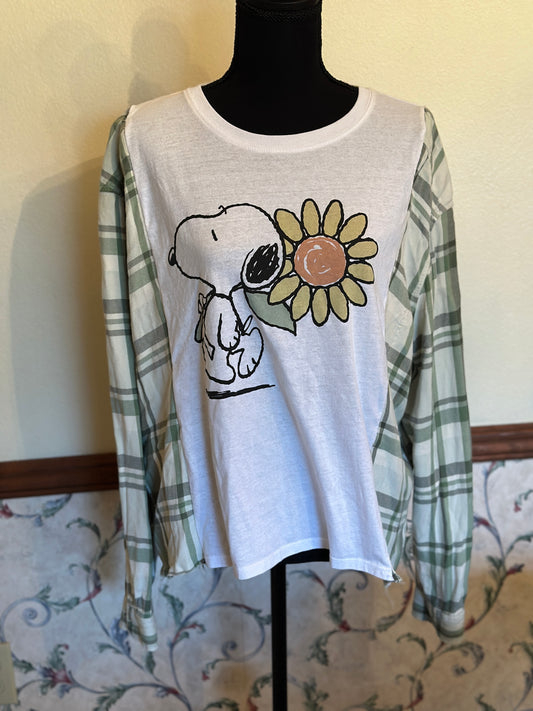 Upcycled Snoopy with Sunflower T-Shirt and Linen Shirt