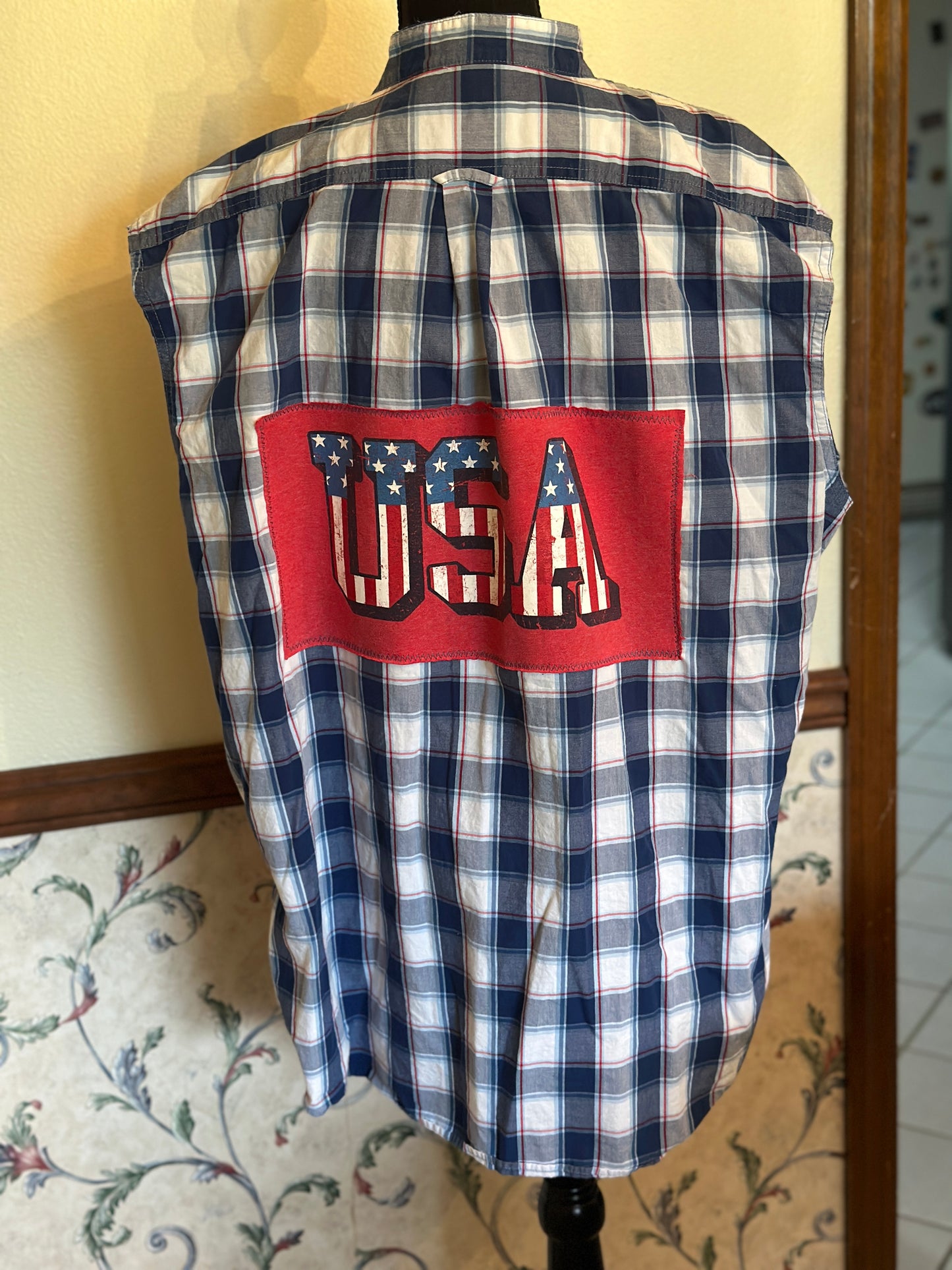 Upcycled "USA" T-Shirt on Sleeveless Button Up Shirt