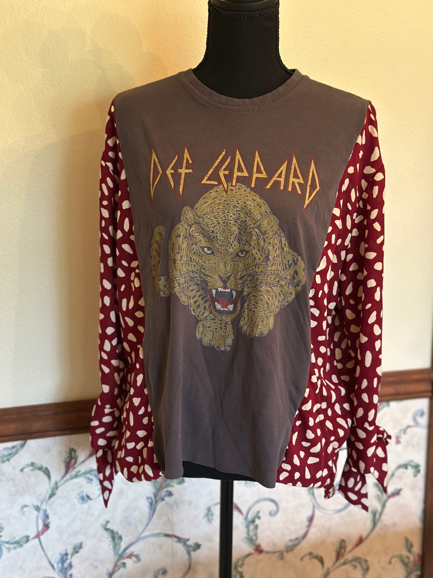 Upcycled Def Leppard T-Shirt with Maroon Tie Dressy Sleeves