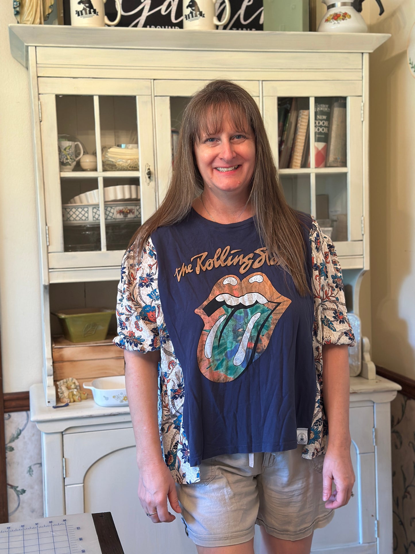 Upcycled Rolling Stones Tee with Short Floral Sleeves