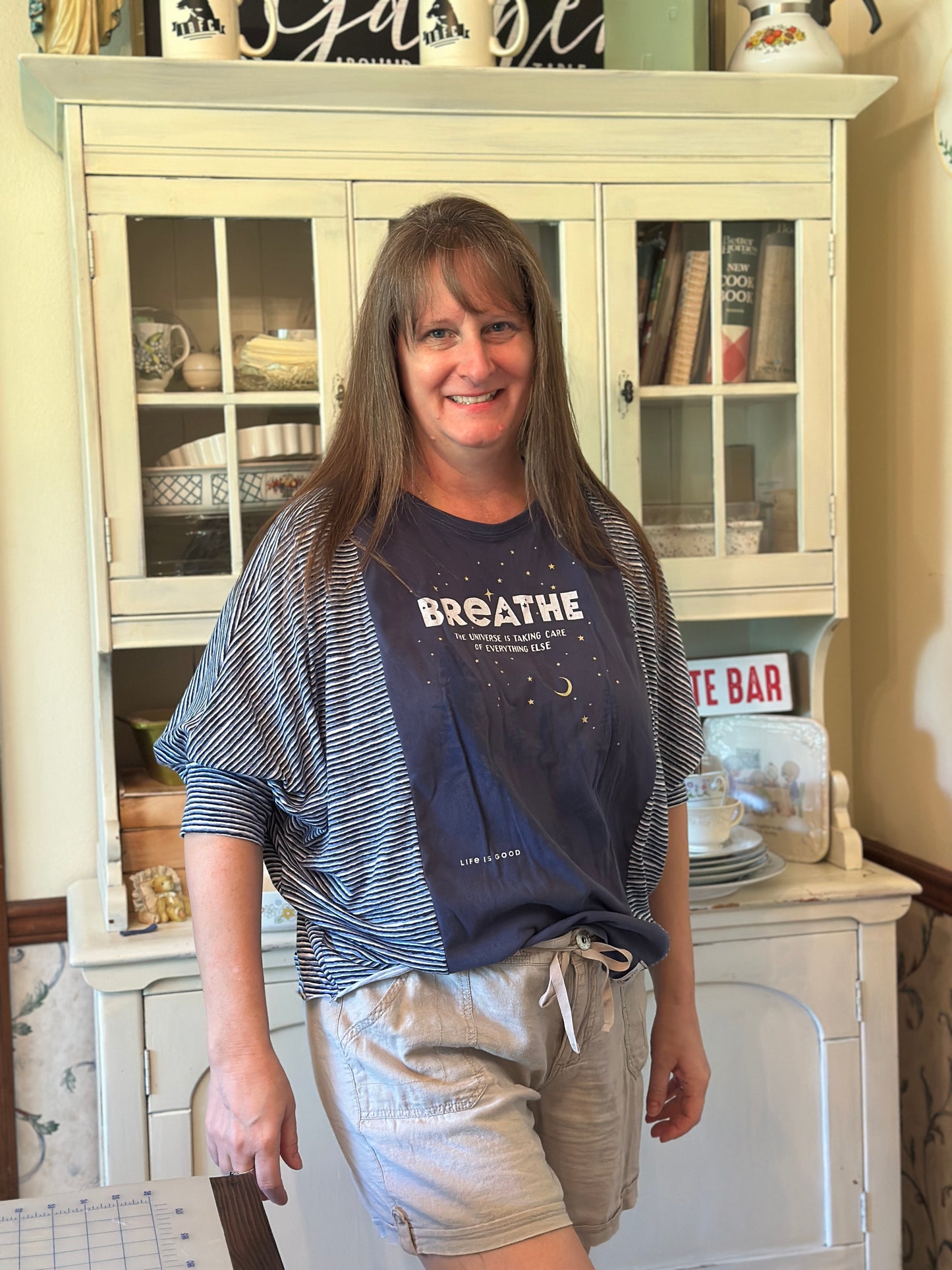 Upcycled Life is Good Shirt "Breathe" Night Sky with Butterfly Sleeves