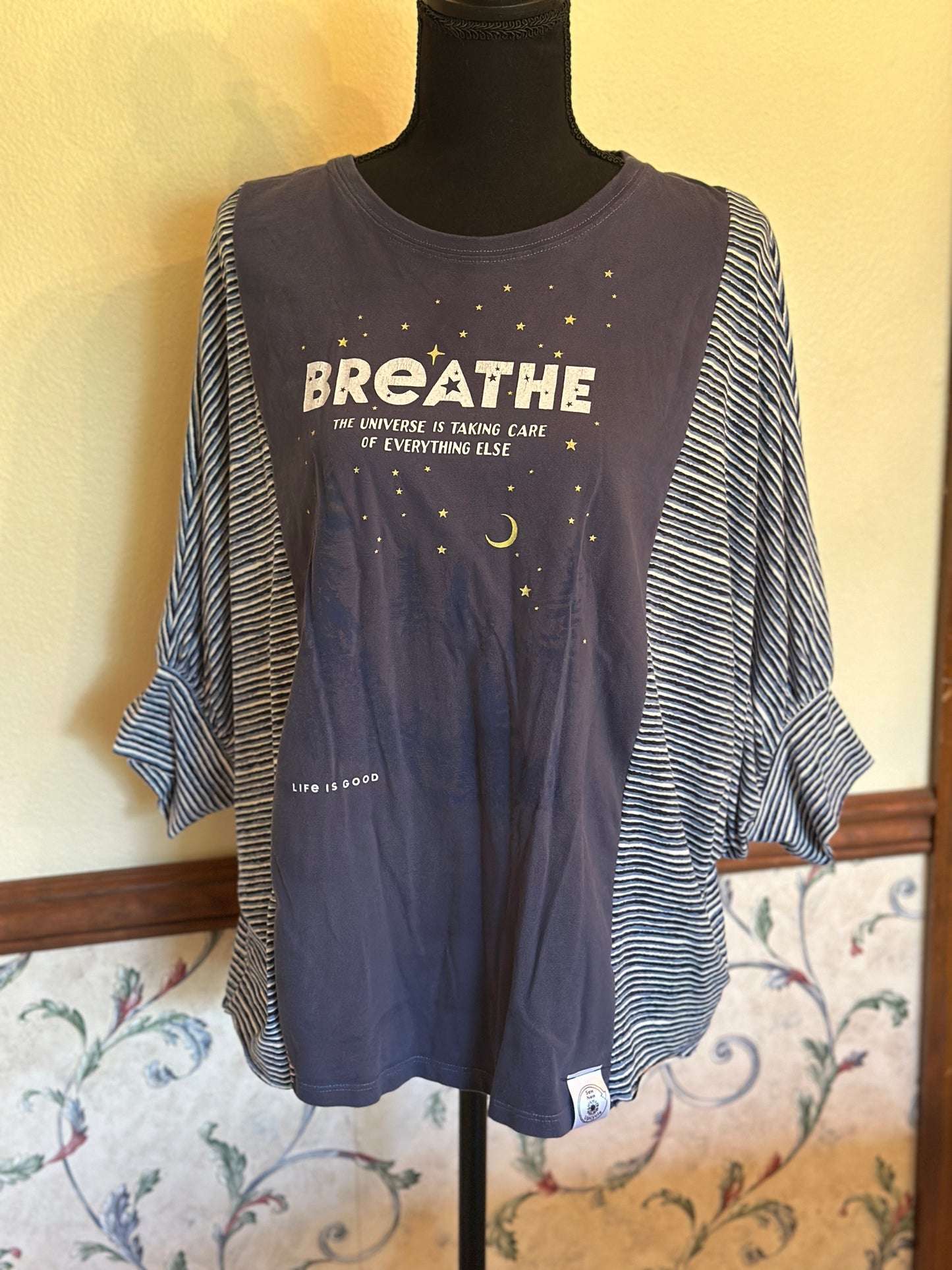 Upcycled Life is Good Shirt "Breathe" Night Sky with Butterfly Sleeves