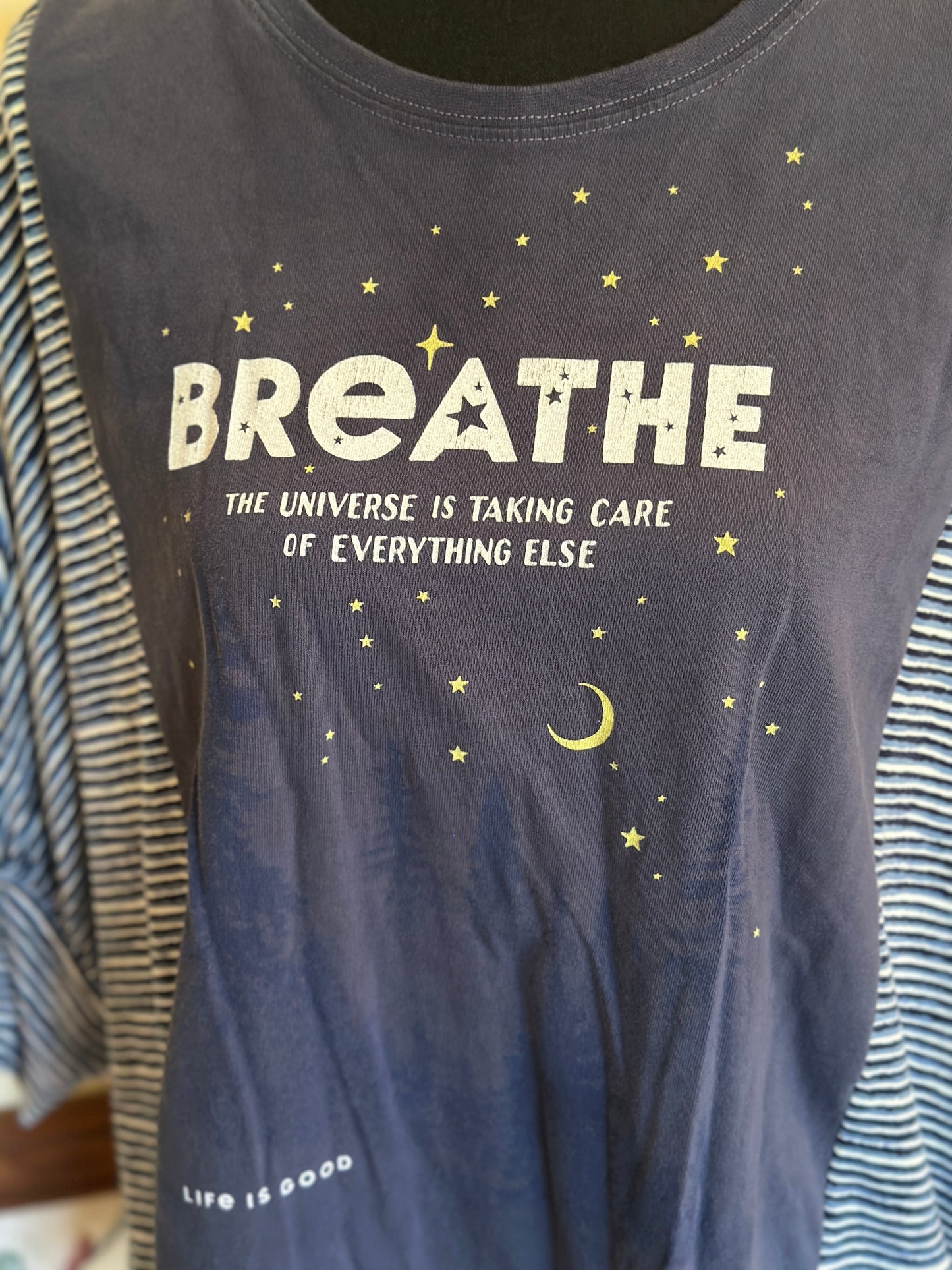 Upcycled Life is Good Shirt "Breathe" Night Sky with Butterfly Sleeves