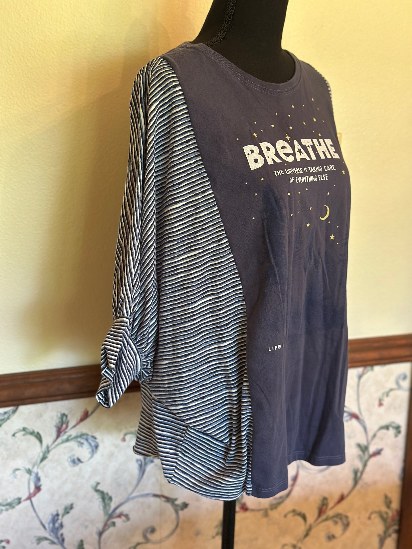 Upcycled Life is Good Shirt "Breathe" Night Sky with Butterfly Sleeves
