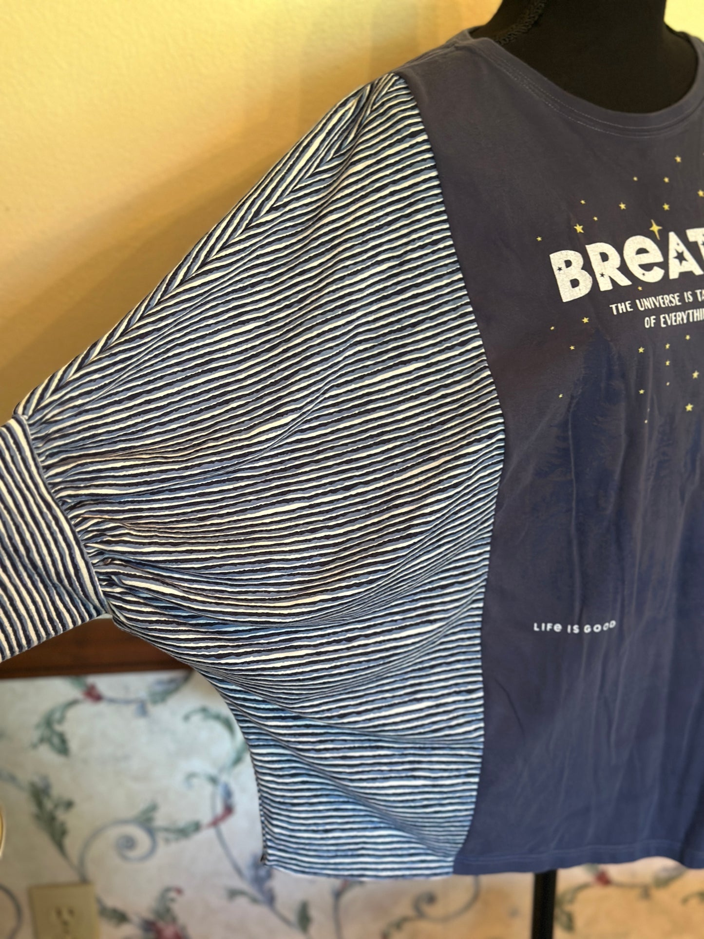 Upcycled Life is Good Shirt "Breathe" Night Sky with Butterfly Sleeves