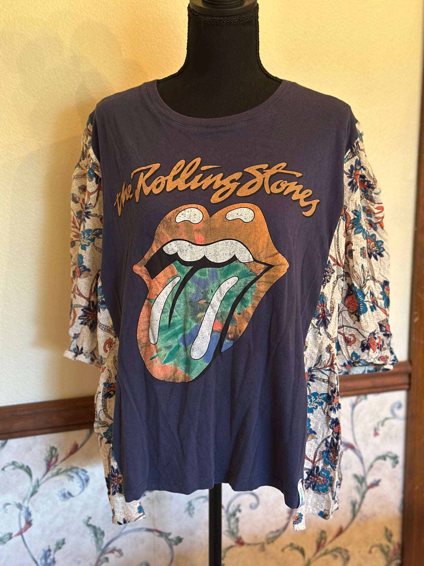 Upcycled Rolling Stones Tee with Short Floral Sleeves