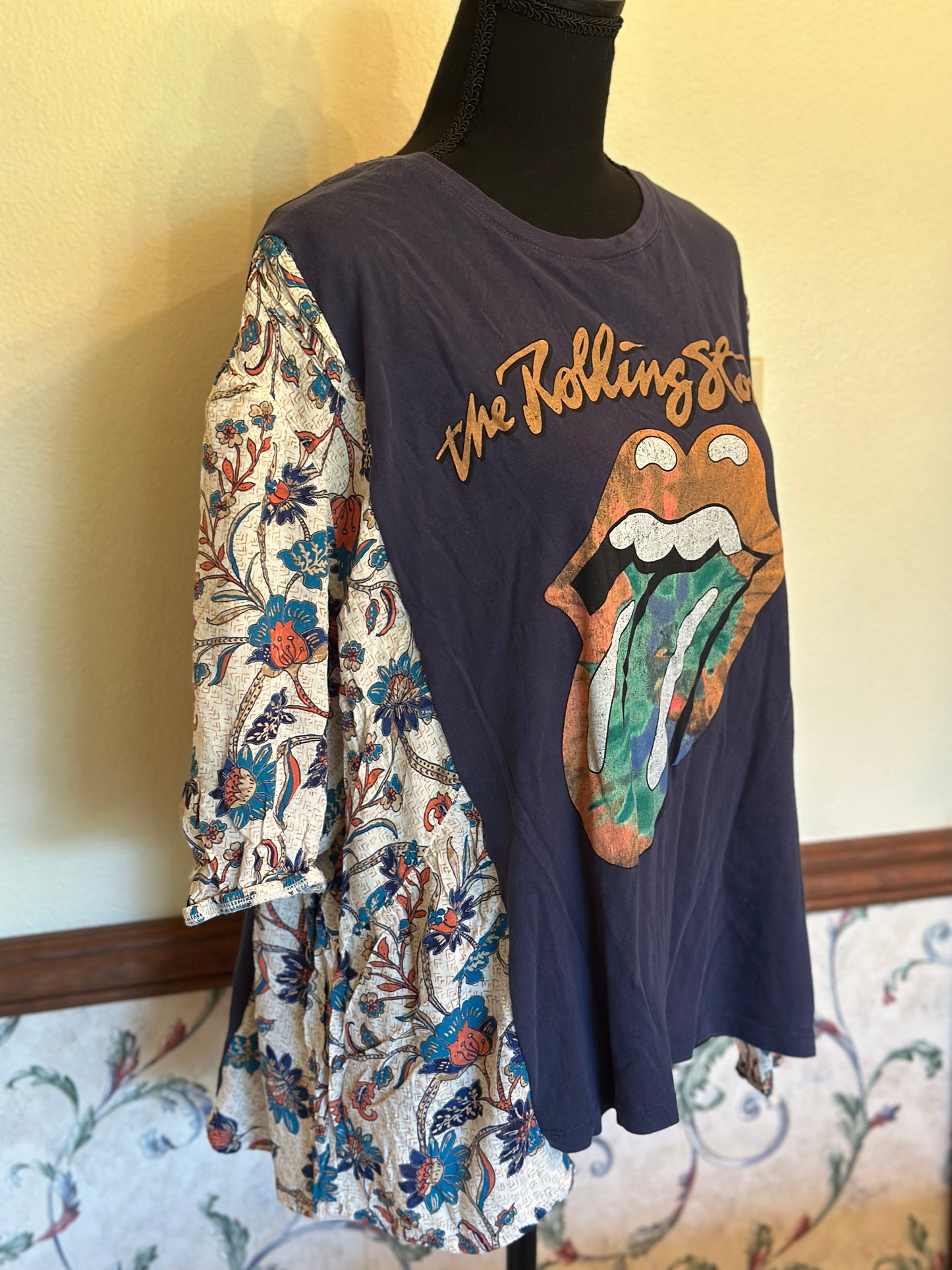 Upcycled Rolling Stones Tee with Short Floral Sleeves