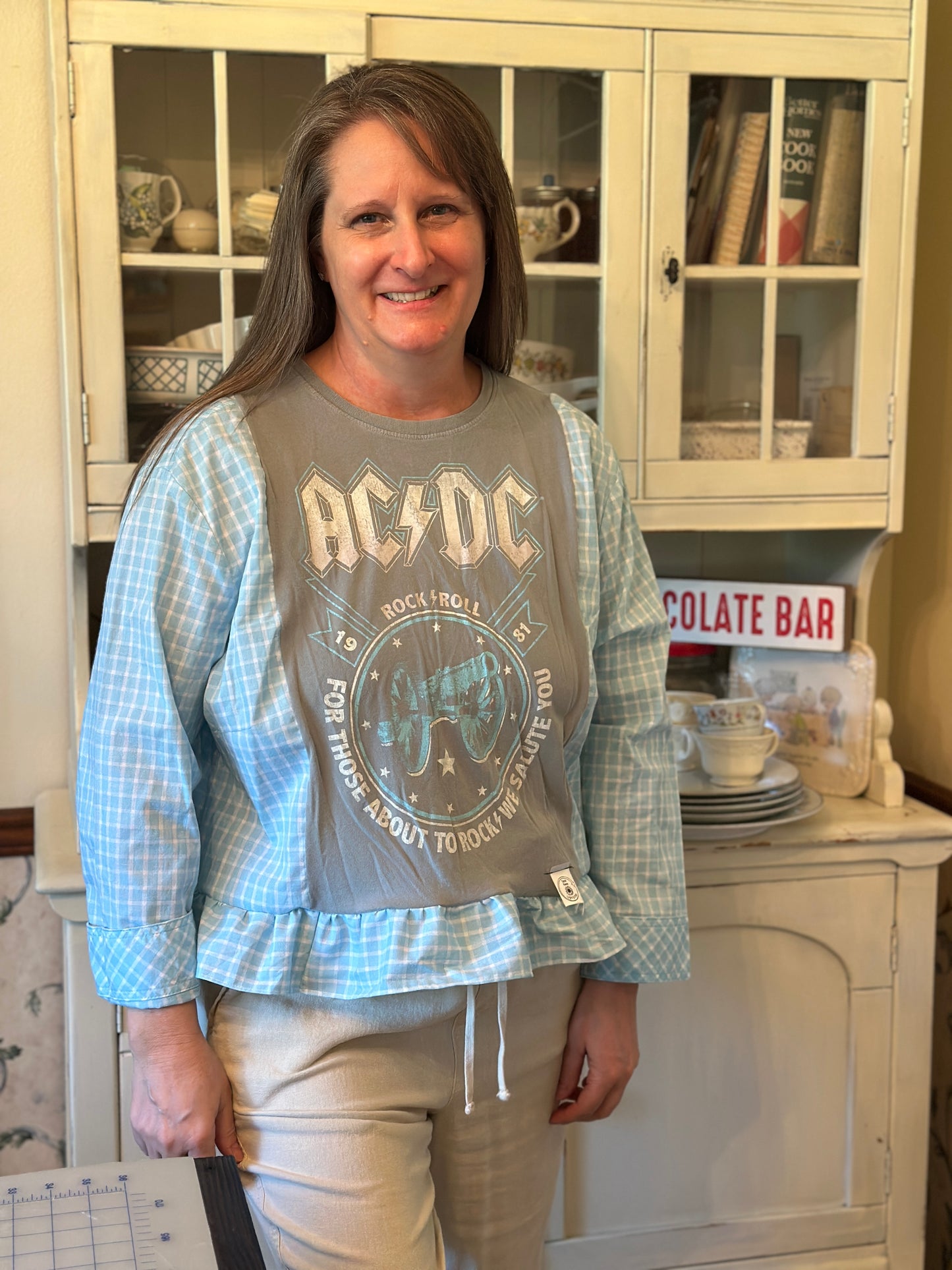 Upcycled AC/DC Graphic Tee with Blouse Sleeves and Ruffled Bottom