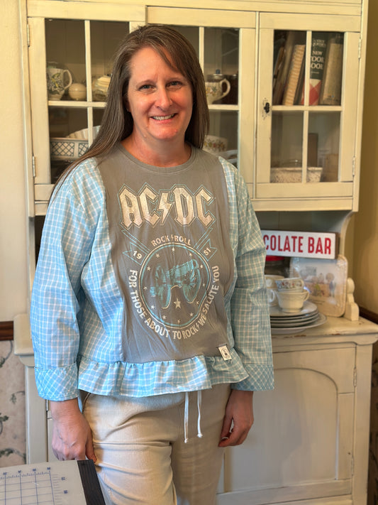 Upcycled AC/DC Graphic Tee with Blouse Sleeves and Ruffled Bottom